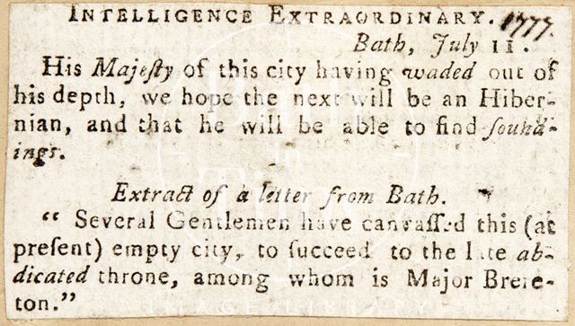 Mr. Wade is out of his depth in his role of Master of Ceremonies, Bath 1777