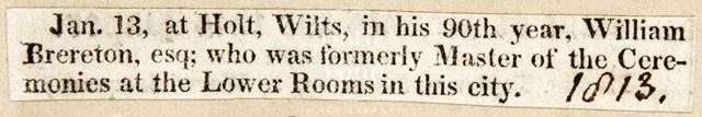 William Brereton as Master of Ceremonies at the Lower Assembly Rooms, Bath 1813