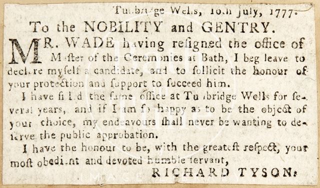 Richard Tyson declares himself as a candidate for the Master of Ceremonies position, Bath 1777