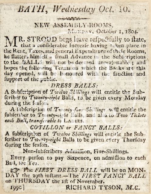 Mr. Stroud announces an increase in fees in the New Assembly Rooms, Bath 1804