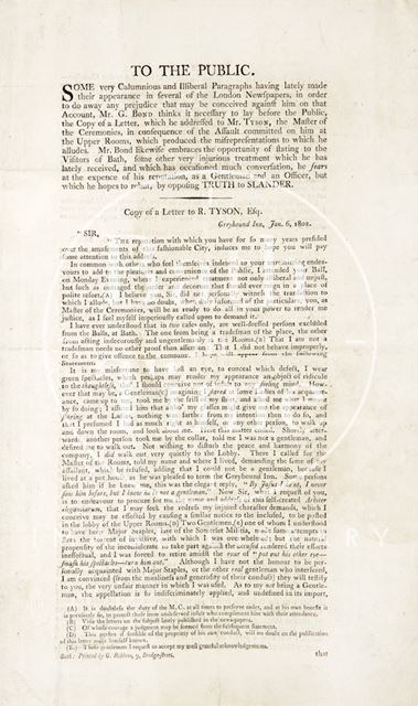 Leaflet containing copies of letters to R. Tyson, Greyhound Inn from G. Bond, Bath 1802