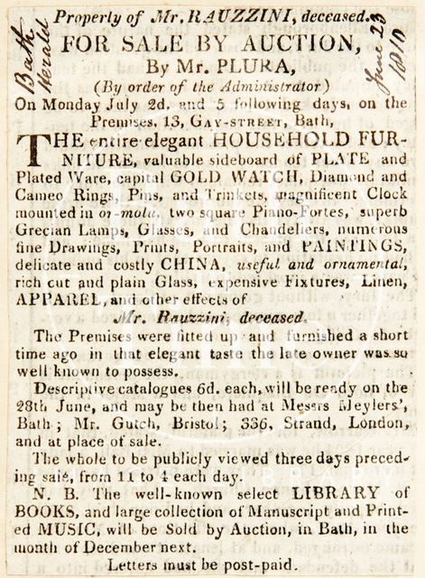 The sale of property belonging to Venanzio Rauzzini by auction 1810