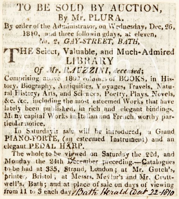 The sale of property belonging to Venanzio Rauzzini by auction 1810