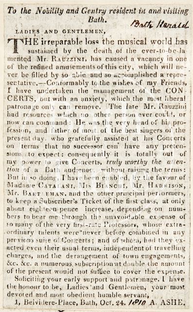 The gentry of Bath advertising a vacancy of musical attainment 1810