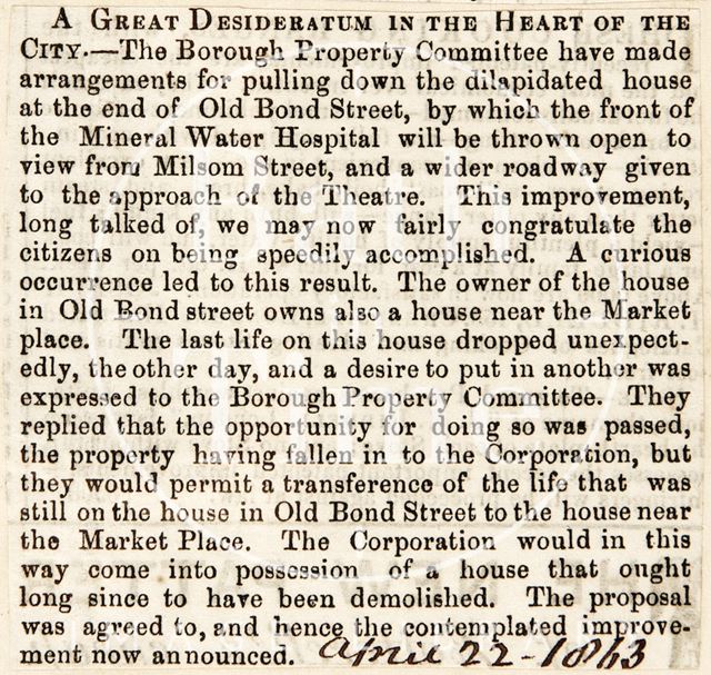 Arrangements to remove an old building at the end of Old Bond Street, Bath 1863