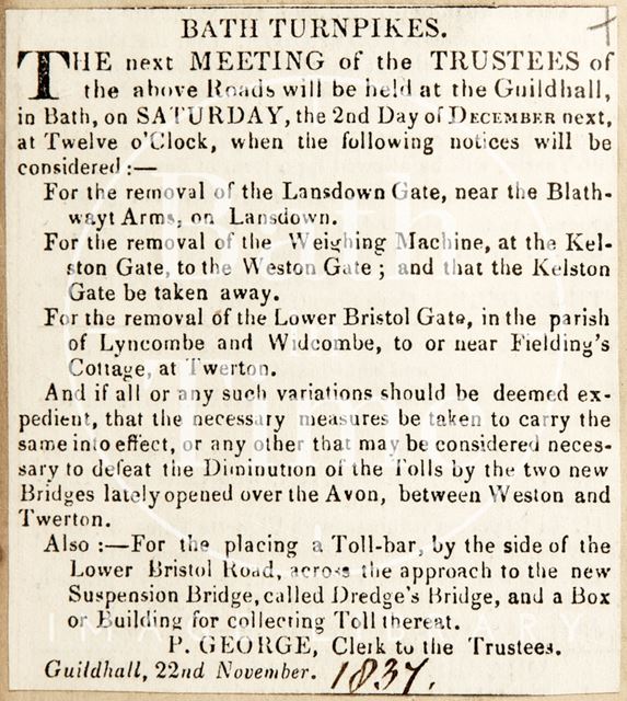 Plans of the trustees of Bath turnpikes 1837