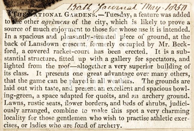 A new racket court at the National Gardens, Lansdown Crescent, Bath 1850