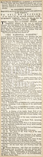 The sale of land of the National Gardens, Lansdown Crescent, Bath 1855