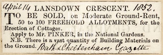 The sale of fifty to one-hundred freehold allotments for the erection of cottages 1852