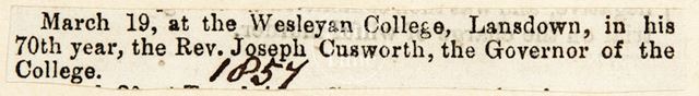 Rev. Joseph Cusworth's death 1857