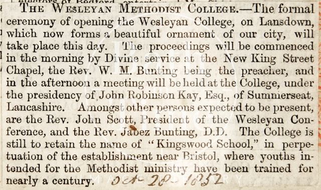 The opening of the Wesleyan Methodist College 1852