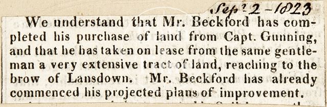 Mr. Beckford had completed his purchase of land from Captain Gunning 1823