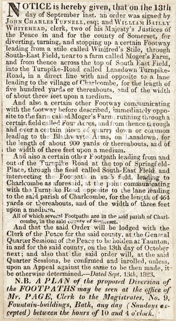 Notice of stopping access or footway in Lansdown, Bath 1823