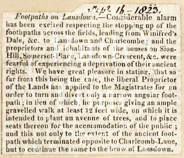 The alarm created by stopping access of footpaths in Lansdown, Bath 1823