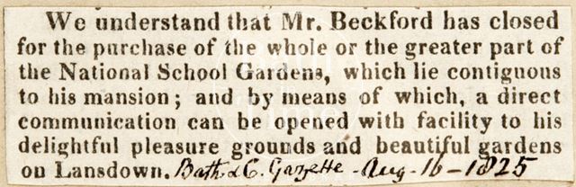 Mr. Beckford purchasing the National Gardens Lansdown, Bath 1825