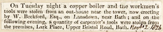 Stolen workmen's items from Lansdown, Bath 1826