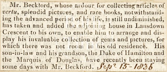 Mr. Beckford's additional land purchases in Lansdown Crescent, Bath 1836