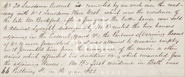 Handwritten note describing Beckford's House, Lansdown Crescent, Bath 1844