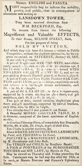 The removal of artefacts from Lansdown Tower to be sold at auction, Bath c.1840