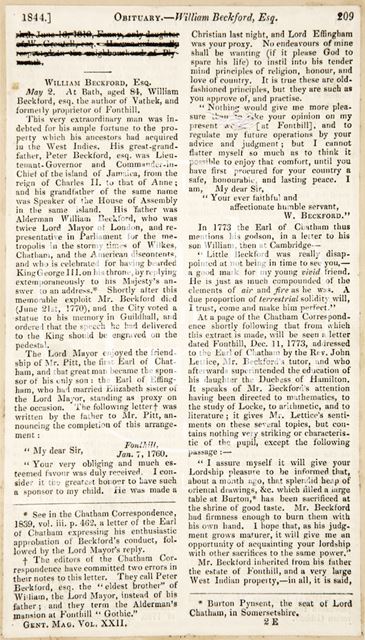 The obituary of William Beckford 1844