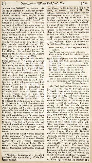 An obituary of William Beckford c.1844