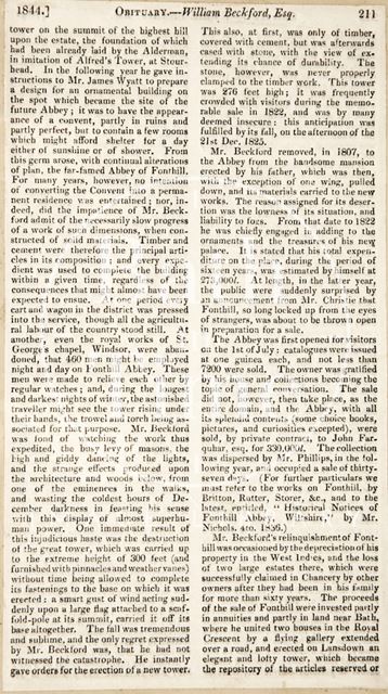 William Beckford's obituary. Covers the collapse of Fonthill Tower, home of William Beckford c.1844