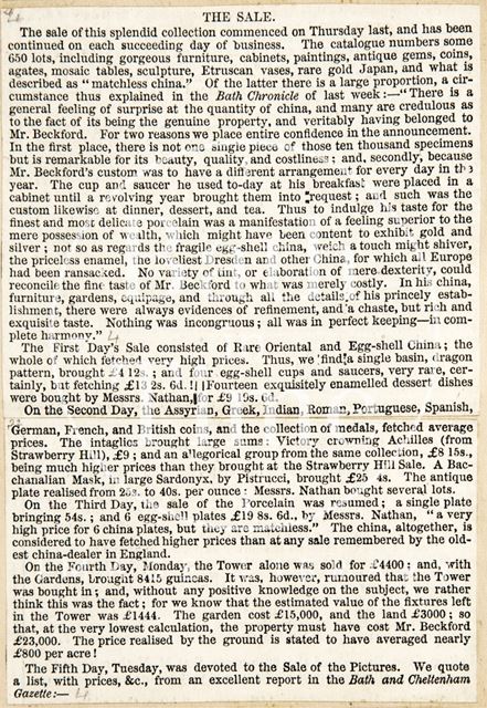 The sale of furniture and paintings of Beckford's Tower, Bath