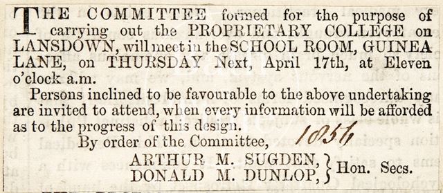 The proposals for the Lansdown Proprietary College, Bath 1856