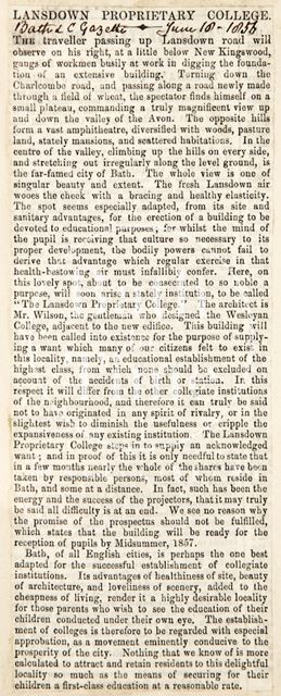 The building of the Lansdown Proprietary College, Bath 1856