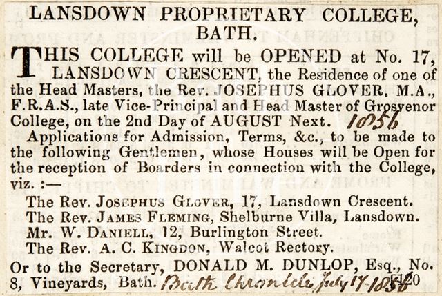 The opening of the Lansdown Proprietary College, Bath 1856