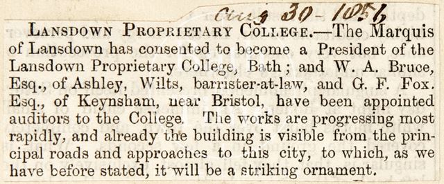 The president of the Lansdown Proprietary College, Bath 1856