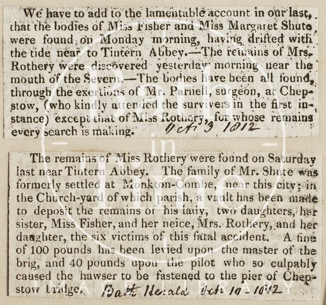 Drowning of Miss Fisher and Miss Margaret Shute, Monkton Combe 1812