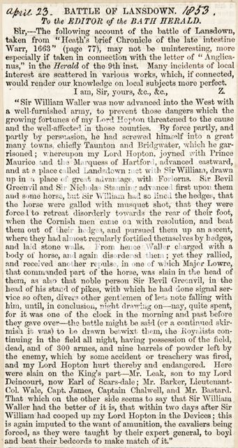 The Battle of Lansdown, Bath 1853