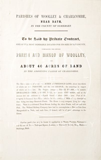 Leaflet for the sale of land in Woolley and Charlcombe near Bath 1840