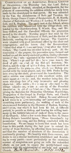 The consecration of an additional burial ground at Swainswick 1852