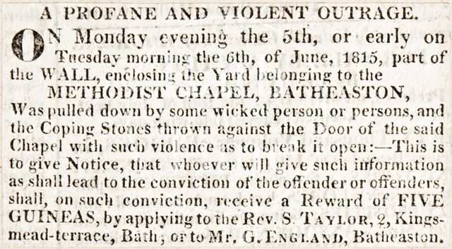 Violent outrage outside the Methodist Chapel, Batheaston 1815