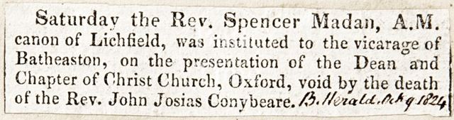 Rev. Spencer Madam A.M. is now vicar of Batheaston 1824