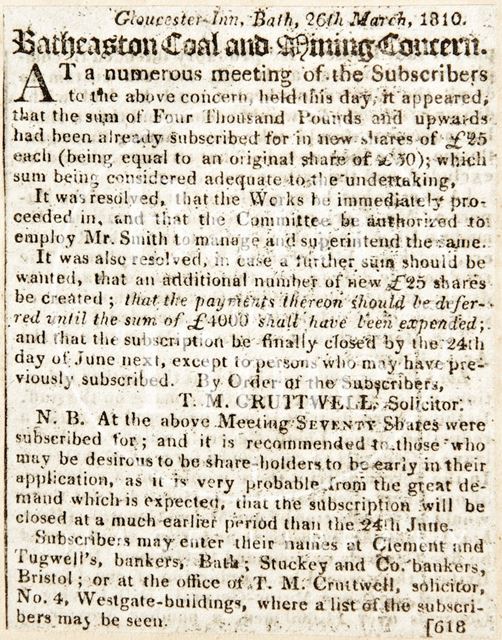 The funds raised by the subscribers of the Batheaston Coal Company 1810