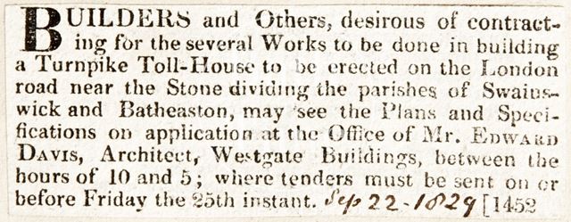 Invitation to builders to undertake work on a turnpike on the London Road, Bath 1829