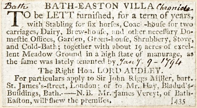 The rental of Batheaston Villa 1794