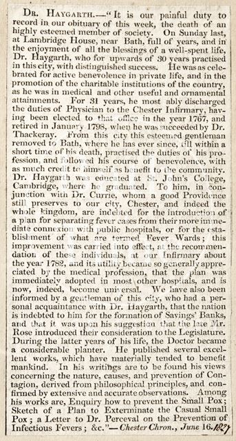 Obituary of Doctor Haygarth 1827