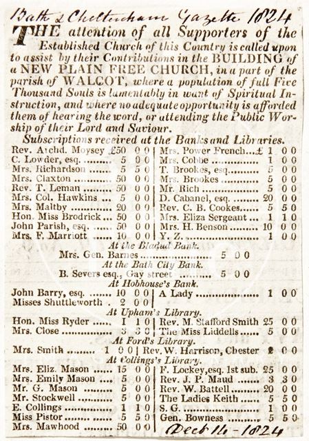 Subscriptions for the building of New Plain Free Church, Walcot, Bath 1824