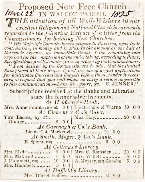 Celebrating donations from His Majesties Commissions towards the new church in Walcot, Bath 1825