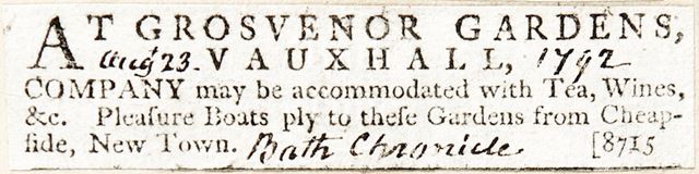 The introduction of pleasure boats at the Grosvenor Gardens, Bath 1792