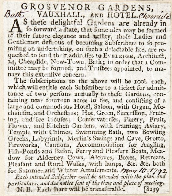 Subscriptions for a hotel at Grosvenor Gardens, Bath 1792