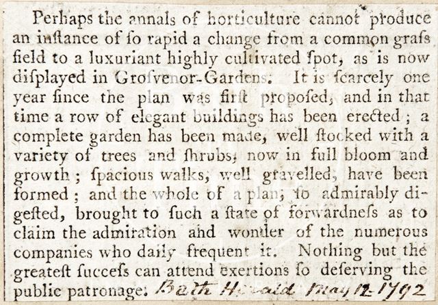 Celebration of the luxurious highly cultivated spot that is Grosvenor Gardens, Bath 1792