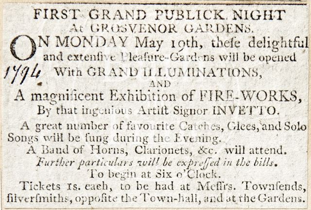 The first grand opening night of Grosvenor Gardens, Bath 1794