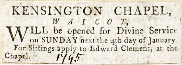 Newspaper article announcing Kensington Chapel Walcot will be open for service, Bath 1795