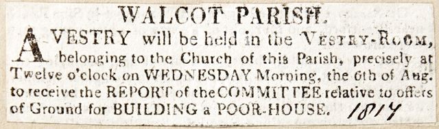 Newspaper article advertising meeting to discuss the poor house in Walcot Parish, Bath 1817