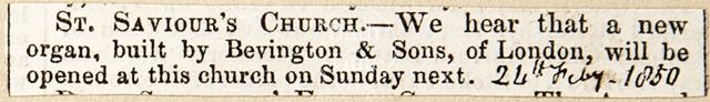 A new organ at St. Saviour's Church, Bath 1850